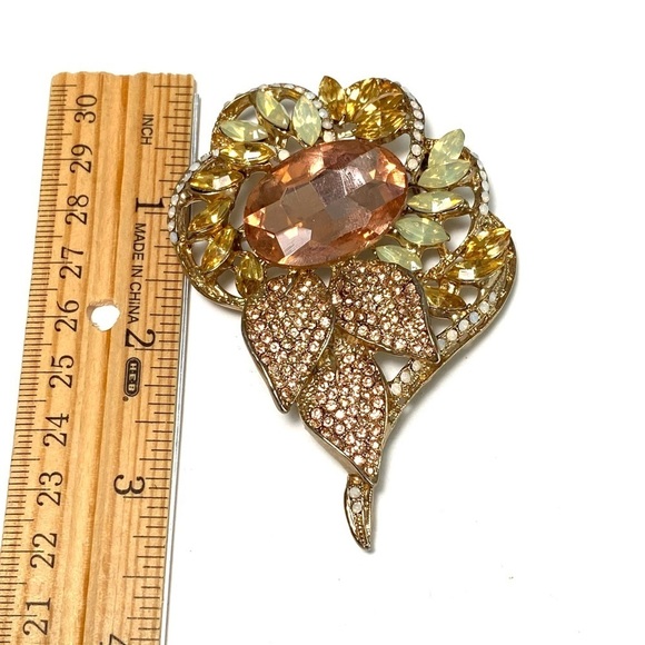 Brooch Flower Rhinestones Peach Large Pin Vintage 80s 90s - Picture 4 of 8